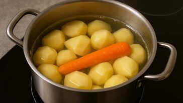 Garnek z obranymi ziemniakami gotującymi się w wodzie, z jedną całą marchewką.