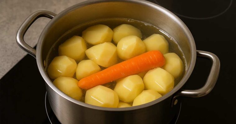 Garnek z obranymi ziemniakami gotującymi się w wodzie, z jedną całą marchewką.