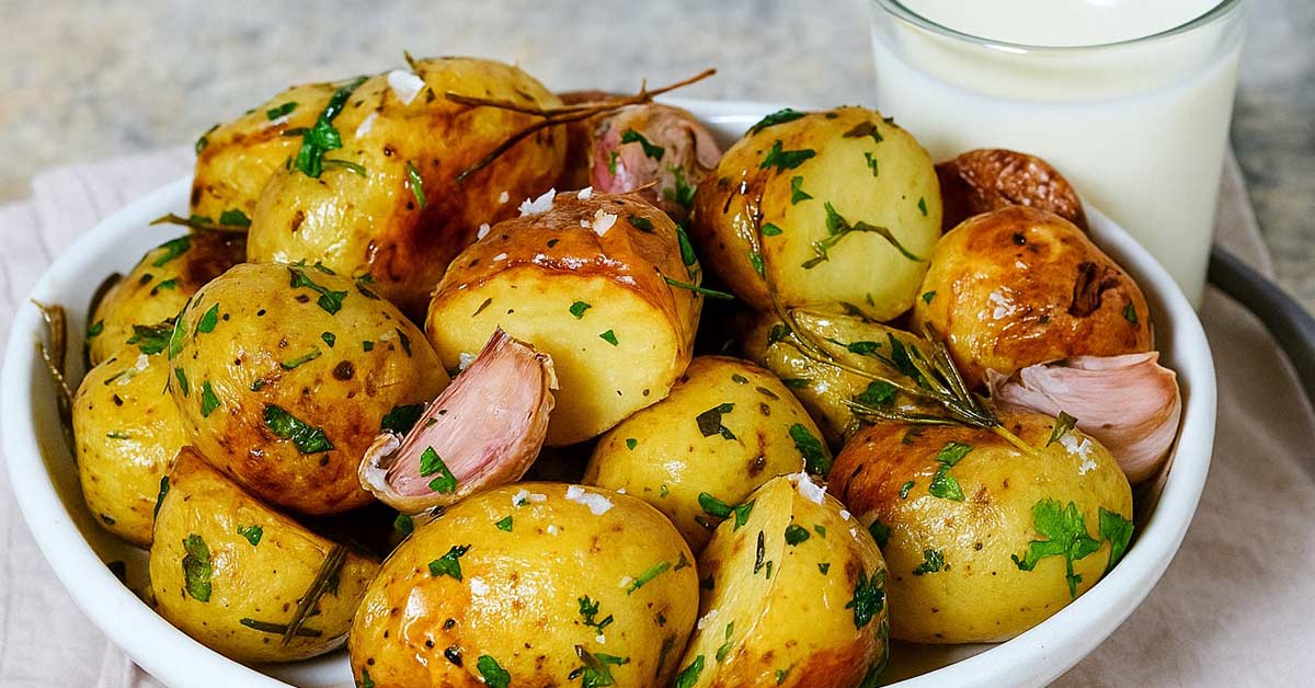 Młode ziemniaki z kefirem na białym talerzu